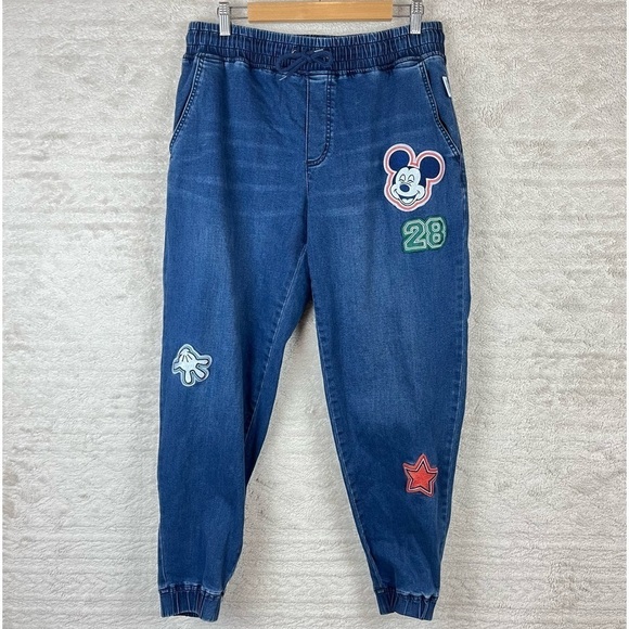DISNEY Mickey Mouse Denim Joggers Large Patches - Picture 1 of 15